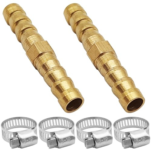 Brass Hose Barb Fittings Repair Kit, 2 Pcs 1/4(6mm) Brass Barb Splicer Mender Hose Fitting with 4 Pcs Stainless Steel Pipe Clamps for Water/Fuel/Air, Fuel Line Connector Fittings