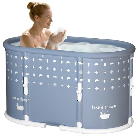 HLCZLUZ Portable Bathtub, Foldable Bathtub No Installation, Freestanding Shower Bathtubs with Cushion, Collapsible SPA Soaking Bath Tub, Hot & Ice Bath Tub for Indoor Outdoor (Light Blue Gray)