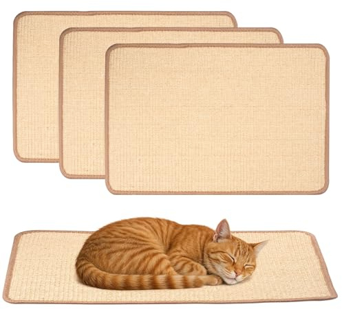 Unnosin 3 Packs Cat Scratching Mat, Natural Sisal Cat Scratcher, 60x40 cm | Anti-Slip Backing, Durable Cat Furniture, Scratching Pads to Protects Sofas, Doors, Carpets, Rugs and Walls