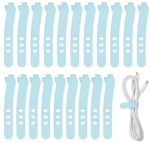sourcing map 20 bridas de silicona para cables, 3 agujeros, reutilizables, de goma, ajustables, con hebilla de bloqueo, correa de cable multiusos para cables de viaje en casa, oficina, color azul agua