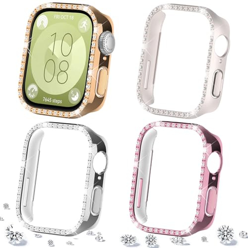 DEALELE [4-pack] klockfodral kompatibelt med Huawei Watch FIT 3, glitter strass diamant PC skyddande hölje hölje ersättning klockor skyddande tillbehör för män kvinnor (svart + silver + guld + klar)