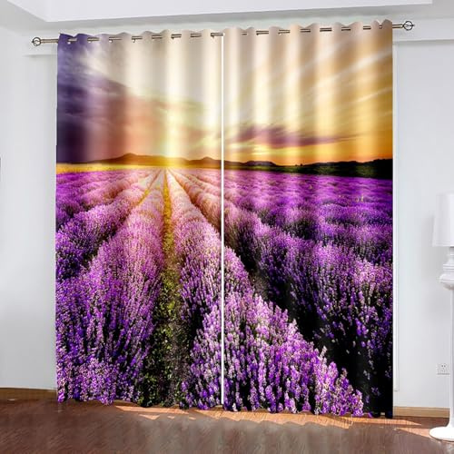 Wycian Fertiggardinen Ösenvorhang Wohnzimmer Lila Gelb 2 Er Polyester Sonnenaufgang und Lavendel H214 X B132Cm für Schlafzimmer