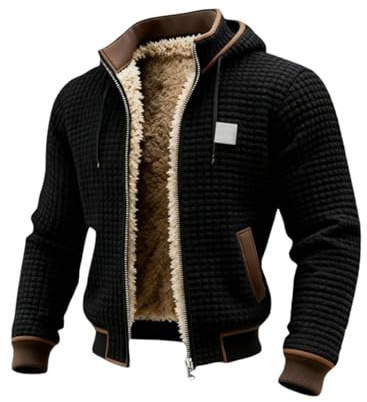 Generisch Giacca in pile da uomo termica invernale per attività all'aria aperta, calda, invernale, con cappuccio e chiusura lampo, foderata, in pile, per le mezze stagioni, giacca a vento, R nero., XL