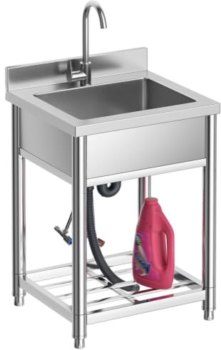 Fregadero con Patas Acero Comercial de Acero Inoxidable | 50 x 55 x 94 cm Fregadero de Cocina Independiente con Grifo, Fregaderos Industriales para Exterior, Cocina, Garaje, Jardín