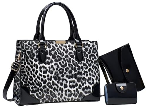 Borsa da donna in pelle verniciata con stampa leopardata, set da 3 pezzi con borsa a tracolla e porta carte.