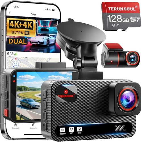 TERUNSOUl Dashcam Auto 4K+4K,Dashcam Auto Vorne Hinten mit 128GB-Karte, 5.8GHz-WiFi, 3 IPS Dashcam mit Parküberwachung, Loop-Aufnahme, 170°Weitwinkel, Unterstützt 512GB Max | 128GB-Karte, GPS,5.8GHz-WiFi, 3 IPS, Parküberwachung, Loop-Aufnahme, Nachtsicht,170°Weitwinkel, Unterstützt 512GB Max