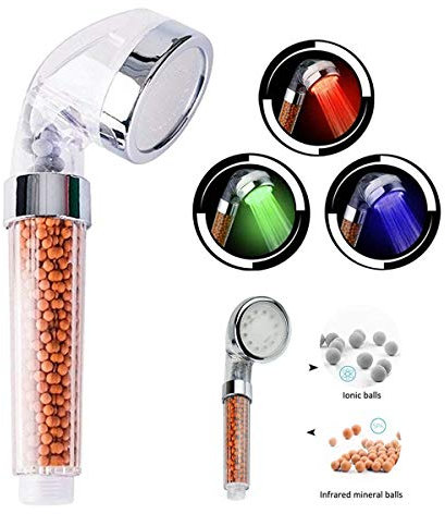 HJRUIUA LED Shower Head Ionic Filtration, Handheld High Pressure Spa Shower Head, 3 Colors Changing as the Water Temperature Changes, Negative Ion Double Filter Saving Water Showerhead