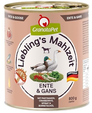 GranataPet Hundmat, älsklingens måltid anka och gås, 6 x 800 g, våtfoder för hundar, utan spannmål och sockertillsatser, helfoder med hög andel kött och högkvalitativa oljor