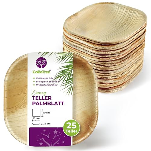 GoBeTree Platos Desechables de Hoja de Palma 25 Platos Cuadrados de 10 cm. Vajilla para barbacoas, picnic y Fiesta de cumpleaños, Similar al bambú, más fuerte que platos de papel