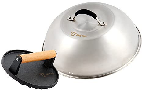 BBQ-TORO Campana in Acciaio Inox con pressa per Carne in ghisa | Ø 31,5 cm | Campana per Hamburger, Cloche, Campana per Hamburger in Acciaio Inox, Melting Dome, Cloche per servire pietanze