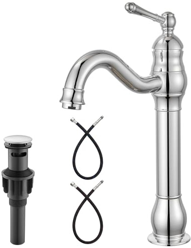 Heyalan Vessel Sink Faucet Tall Bathroom Faucet Single Handle 1 Hole High Spout with Drain Material 360 Degree Adjustable Lavatory Vanity Mixer Tap,Straight Body,Polish Chrome