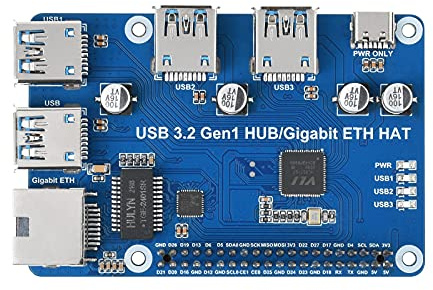 Waveshare USB 3.2 Gen1 and Gigabit Ethernet HUB HAT for Raspberry Pi 3X USB 3.2 Gen1 1x Gigabit Ethernet Driver-Free Plug & Play