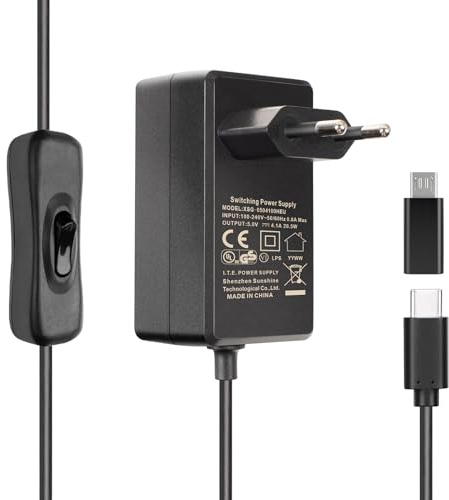 Miuzei Netzteil für Raspberry Pi 4/3B+, 5V 4,1A USB-C mit EIN/AUS Schalter | Ladegerät für Raspi 4B/3B+ 8/4/2GB, 5V 4,1A 20,5W, Stabil, kein Throttling, 1,5m Kabel, mit Micro USB Adapter