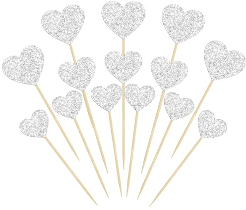 Gyufise 30 Stück Herz Cupcake Topper Glitzer Sweet Love Thema Cupcake Picks Valentinstag Kuchen Dekorationen für Hochzeit Verlobung Brautdusche Geburtstag Party Kuchen Dekorationen Zubehör Silber