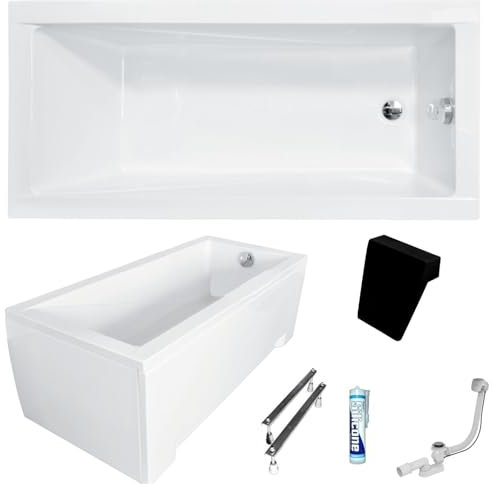 ECOLAM Baignoire rectangle Modern 150x70 cm + tablier | appui-tête noir | pieds silicone + siphon | ensemble complet