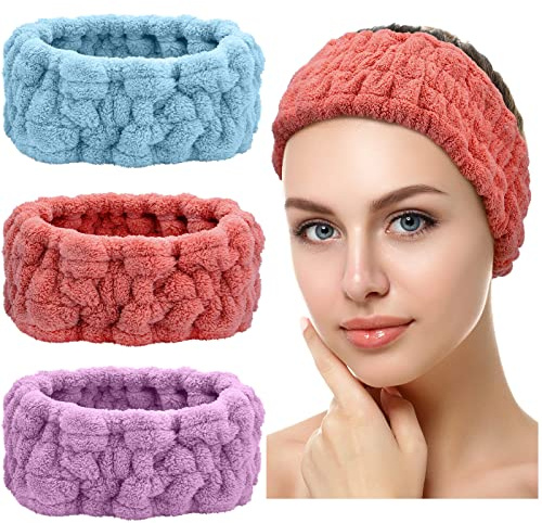 3 Diademas Faciales de Spa para Maquillaje y Lavar Cara Bandas de Cabeza de Envoltura de Toalla Elásticas para Niñas Mujeres Ducha Deportiva Yoga (Rojo, Azul, Morado)