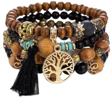 GAUEIOUR Boho, Multi-Layer Wooden Beaded Bracelet With Tassels - Tree of Life Design for Ladies, Elastic Four-Piece Set in Black