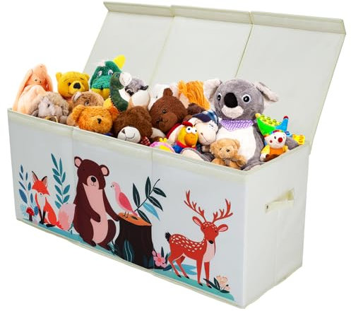 Extra Groß Aufbewahrungsbox mit Deckel Kinder, Zusammenklappbare Oxford-Spielzeugkiste mit Griff für Mädchen Jungen, Wasserdichte Spielzeug Aufbewahrung im Kinderzimmer, 96×32×40 cm (Waldtiere)