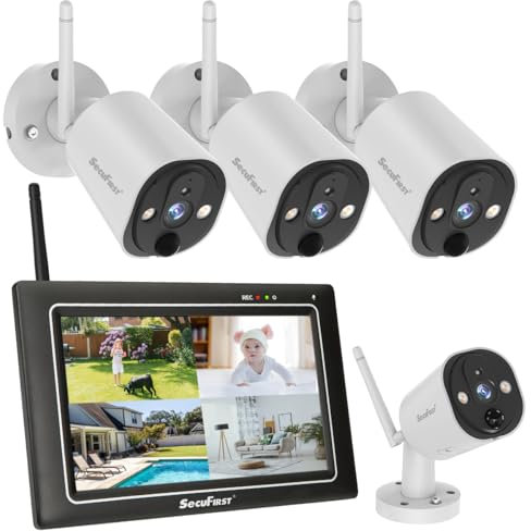 SecuFirst 2K Überwachungskamera Aussen Set mit Monitor,4X Kameras Überwachung ohne WLAN +7 Zoll Touchscreen Funk NVR Bildschrim,Gegensprech oder Wiedergabe von Aufnahmen über Monitor und APP.