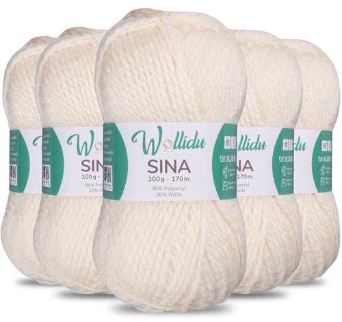 Wollidu Sina Wolle zum Stricken und Häkeln 500g Premium Strickwolle/Häkelwolle Set OEKO-TEX zertifiziert 5 x 100g/170m 80% Polyacryl 20% Schafwolle mulesing-frei - Creme