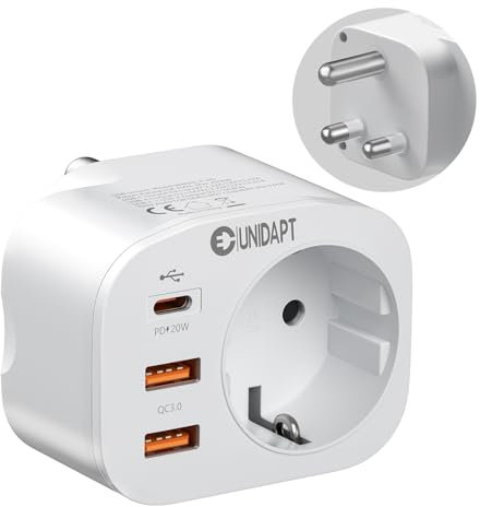 Unidapt Deutschland nach Südafrika Adapter, Reiseadapter Typ M mit 3 USB und 1 USB C 20W PD, Steckdosenadapter für Südafrika Namibia, Lesotho, Mosambik