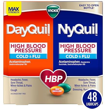 VICKS DayQuil & NyQuil High Blood Pressure Cold & Flu Relief Liquicap 48ct Co-Pack, Powerful Multi Symptom Daytime & Nighttime Medicine for Cold, Cough, and Flu Symptoms, 24ct DayQuil, 24ct NyQuil