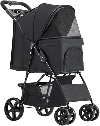 Hund- och kattvagn Vikvagn Premium Hundvagnar Kattvagn med mugghållare Husdjursresor Lättviktsvagn för husdjurshundar för små medelstora hundar och katter (rosa) (svart)