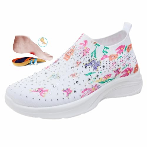 Dam kristall andningsbara slip-on promenadskor fjärilsmönster sneakers strass blomma nät glittrande glitter träningsskor, Vitt, 37 EU