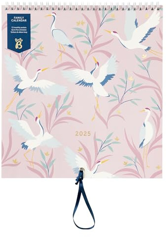 Busy B - Grand calendrier mural familial 2025 - Oiseaux - Calendrier mensuel avec 5 colonnes et pochettes de rangement avec des autocollants à code couleur - 30.5 x 30.5 cm