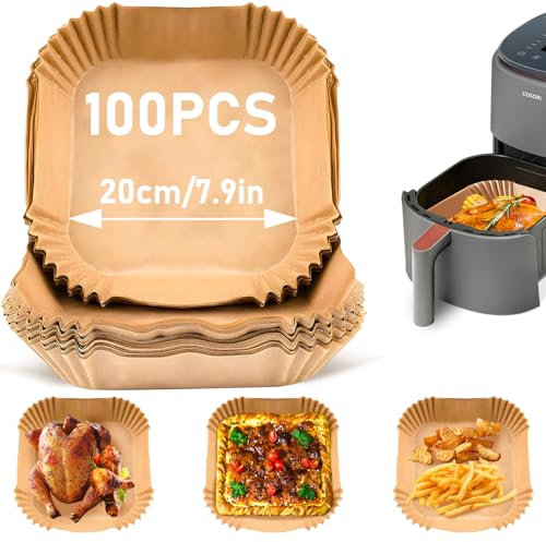 100 Pezzi Carta Forno per Friggitrice Ad Aria, badaren Accessori Friggitrice ad Aria, Teglie per Friggitrice ad Aria, Monouso, per Microonde, Forno, Friggitrice ad Aria(Quadrata, 20-24 cm)