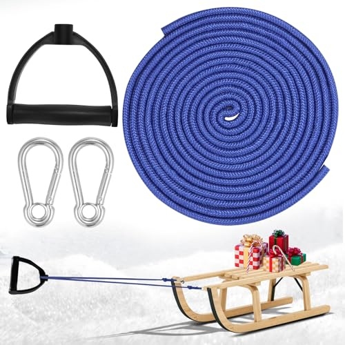 Schlittenseil, 4M Schlittenschnur, Schlittenseil mit Griff, Schlittenleine, Schlitten Seil, Seil für Schlitten, Seil mit Karabiner 4M für Schlitten, Schlauchboote, Sportgeräte (Blau)