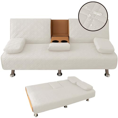 SYLC Wasserdichter 3er Sofa Bettbezug Mit Schlaffunktion, überwürfe Für Klappbares Schlafsofa Ausziehbar Mit 2 Abnehmbaren Armlehnen Und 1 Tassenhalter 168x81x74cm (Beige,1 Set)