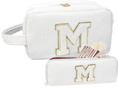 Trousse Maquillage Femme, 2 Pièces Trousse De Toilette Voyage, Pochette Maquillage, Grande Et Petite Makeup Bag, Pochette Tissu Zippée Fille Ado (Lettre : M, Blanc)
