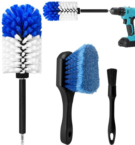 Wheel Brush Kit, Soft Drill Wheel Cleaning Brush, No Scratches, Highly Dense Car Cleaning Brush Set for Wheels, Tire, Rims, Motors, Exhaust (Blue+White