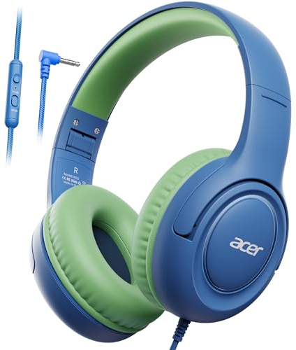 Acer Hörlurar med sladd, småbarnshörlurar för barn med 85/94 dB volymgräns, 3,5 mm uttag, vikbar justerbar stereoljud över örat, för skola, resor, surfplatta, Kindle, iPad, PC (blågrön)