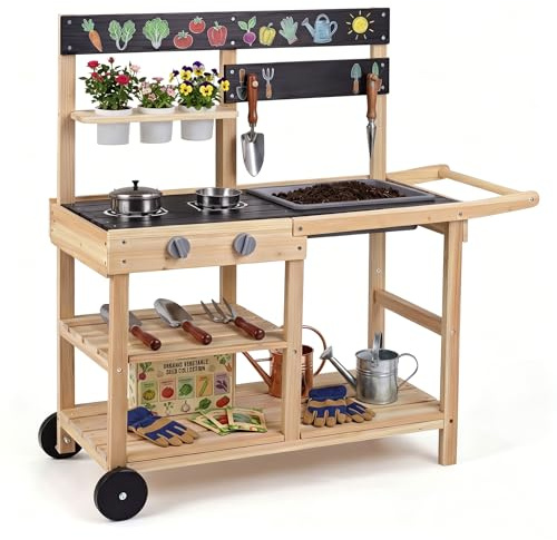 GYMAX Kids Mud Kitchen, Wooden Toy Kitchen | with Wheels, Blackboard, Stoves, Sink, Storage Shelves and Accessories, Outdoor Cooking Role Playset for Boys Girls