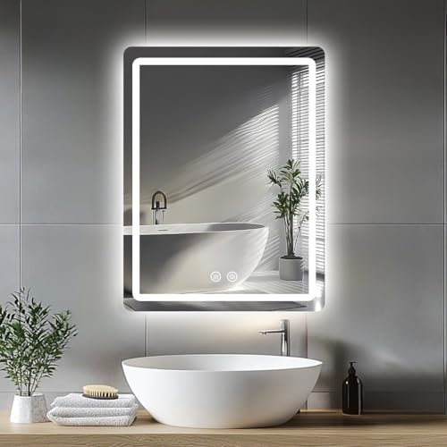 JAMUBOCHE Specchio da bagno a LED 69x49 cm, specchio elettrico con luci retroilluminata per doccia e rasatura, montaggio a parete, dimmerabile