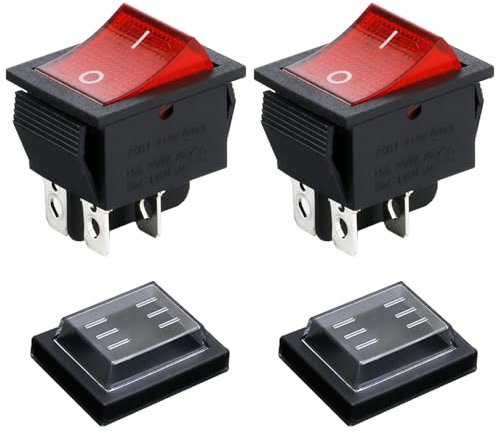 Powice 2X Glühen Schalter Mit Wasserdichter Abdeckung,Schiffstyp Selbstsichernder 4Poliger Schalter 230V mit Rotem Licht,Wippschalter16A/250V/20A/125V Geeignet für den Einbau in Häusern(Rot)