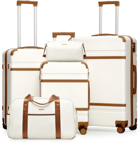 LONG VACATION Luggage Sets 5 Piece, Suitcases With Wheels, PC+ABS Hardshell Luggage Set with Spinner Wheels, TSA Lock (White Brown)