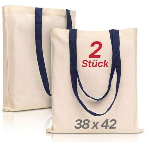 LEATEX Stoffbeutel Baumwolltasche 38×42 cm, 145 g/m² – unbedruckt mit farbigen Henkeln (Schwarz, Dunkelblau, Rot) – Einkaufstasche zum Bemalen & Bedrucken – 2er Pack