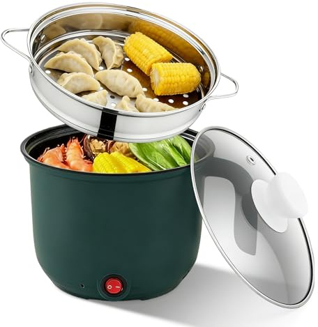 GOMETY Olla eléctrica de 1,5 l, olla caliente eléctrica con vapor, portátil, mini olla antiadherente, olla eléctrica, olla rápida ramen, multicocina para sopa, pasta, avena, huevo, fideos
