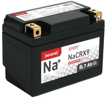 Accurat Sport Na+ NaCRX9 Natrium-Motorradbatterie, 12V 7Ah, 170A | kompatibel mit YTX9-BS, DIN 50812, Kaltstart bis -20°C, wartungsfrei, schnellladefähig, leicht & langlebig, Rollerbatterie