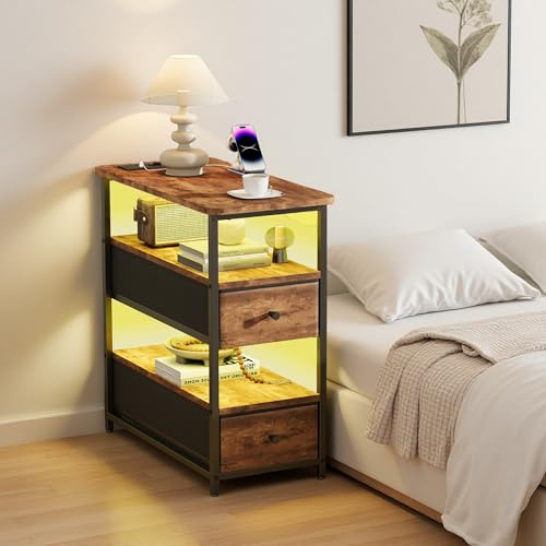 SUNFECILI Nattbord med laddningsfunktion och LED, sidobord med 2 lådor och 2 förvaringsutrymme, nattduksbord anslutet nattduksbord, soffbord för sovrum och vardagsrum (tigerränder)