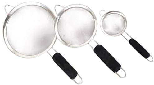 JECOMPRIS Lot de 3 Passoires en Acier Inoxydable 8 CM 12 CM et 20 CM Manche Noir Ergonomique Filtre à Mailles Fines pour Tamis à Farine et Cuillère Passoire Ustensile Cuisine Pratique