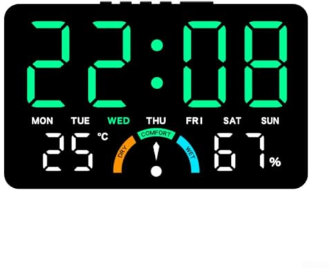 Grande orologio digitale da parete, orologio digitale a LED, grande schermo con ora, giorno, temperatura, umidità, sveglia, livello di comfort, montaggio a parete o orologio da scrivania con staffa