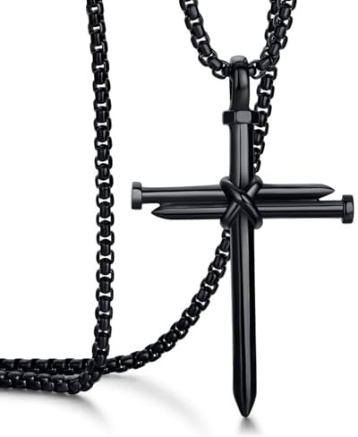 RIXERKOC Collar Cruz para Hombre Collar de Acero Inoxidable Pulido con Colgante Cruz Clavo Joyas Cristianas de Jesús Regalos para Pascua Día del Padre Cumpleaños (Negro)