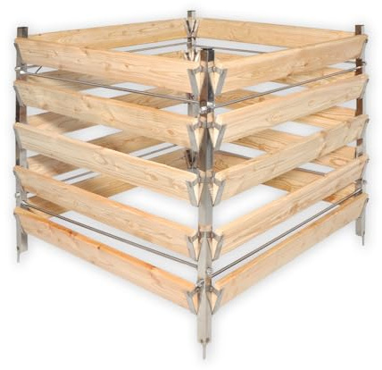 Gartenwelt Riegelsberger Elegante compostiera in larice con pali in acciaio inox, compostiera singola da giardino, ca. 100 x 100 cm, altezza 80 cm, stabile e durevole