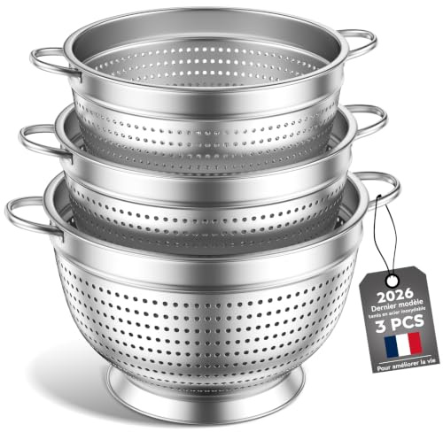 3 Pièces Passoire Inox Tamis Cuisine, 20/24/26cm Passoire-égouttoir métallique pour évier avec poignée – Passoires à mailles fines pour le lavage des pâtes, légumes, fruits et riz (Trois paquets)