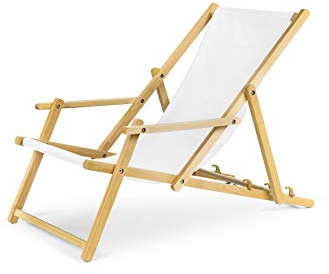 IMPWOOD Gartenliege Strandliege mit Armauflagen und Absicherungssystem Liegestuhl aus Buchenholz klappbar Holz-Liegestuhl weiß