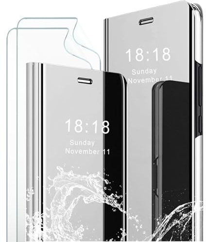 MLOTECH Schutzhülle für Samsung S10 Plus, Cover + Displayschutzfolie, 2-teilig, Flip Clear View transparent, Spiegel, Standing 360°, stoßfest, Smart Cover, Bumper, Silber